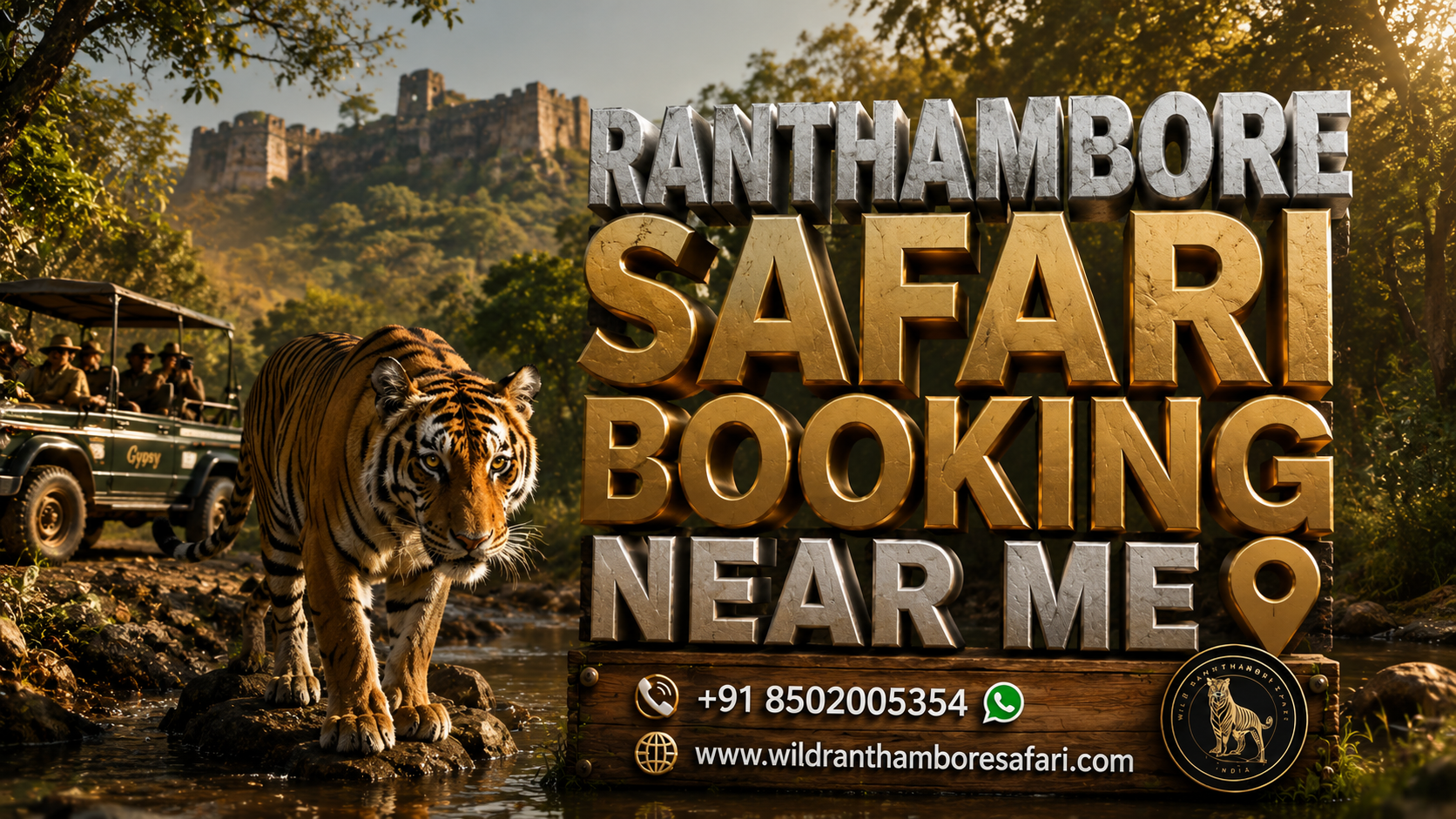Ranthambore Safari Booking Near Me featuring a Royal Bengal Tiger in Ranthambore National Park with Gypsy Safari, Canter Safari, and online tiger safari booking in Rajasthan.
