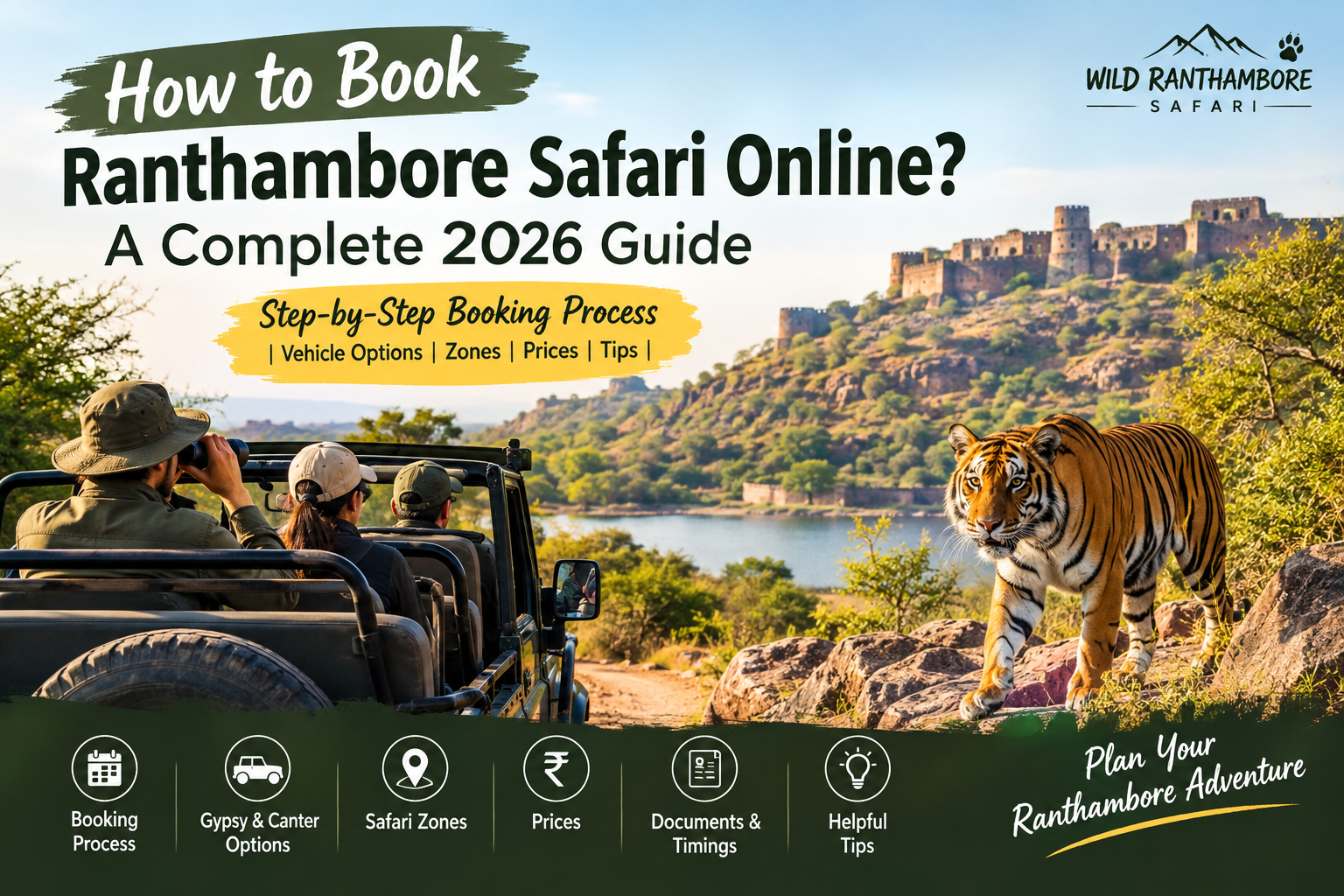 How to book Ranthambore Safari online – complete 2026 guide with Gypsy and Canter options, safari zones, prices, timings, documents and booking tips.